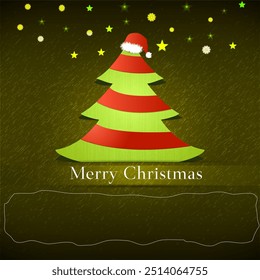 Christmas card with an abstract tree, festive hat, stars on a dark green background. Perfect for Christmas greetings, holiday wishes, festive decorations, and seasonal marketing.