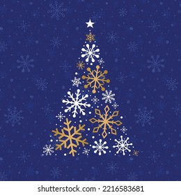 Christmas card with abstract tree made of snowflakes. Vector illustration