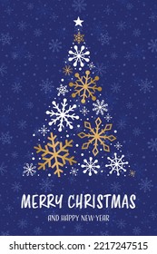 Christmas card with abstract tree made of snowflakes. Vector illustration