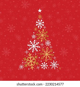 Christmas card with abstract tree made of snowflakes. Vector illustration