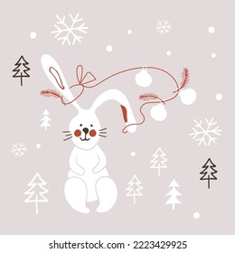 Christmas card with adorable Bunny character and snowflakes. Drawn vector illustration with cute hare and symbol of Chinese 2023 New year. Cute rabbit. Cute illustration of wild forest animal