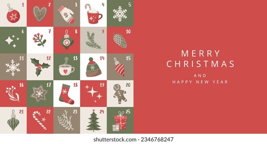 Christmas card with advent calendar. Festive Xmas design from decorative elements. Vector banner, poster, holiday cover