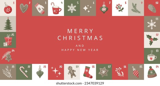 Christmas card with advent calendar. Festive Xmas design with a frame of decorative elements. Vector banner, poster, holiday cover