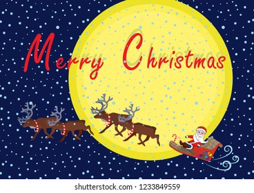 Christmas card. Against the moon flying Santa Claus on a sleigh in a reindeer sleigh. Colorful background, magical world