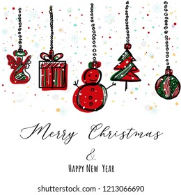 Christmas card with angel, gift box, snowman,christmas tree and snow ball on snowflakes background. festive and celebrate concept.vector illustration.