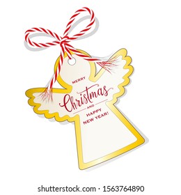 Christmas card angel, Gift label,
Gift tag with gold rim and ribbon bow,
Vector illustration isolated on white background
