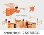 Christmas card, Christmas Angel with Horn over the city. Flying Christmas angel