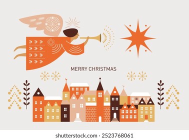 Christmas card, Christmas Angel with Horn over the city. Flying Christmas angel