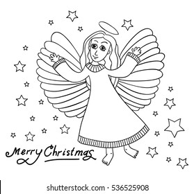 Christmas card with angel in kids style. Hands draw sketch. Black and wight.