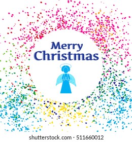 Christmas card with an angel on white background with multicolored confetti. Vector illustration.