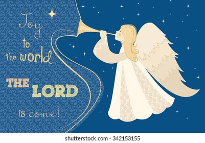 Christmas card. Angel with pipe in his hand. Vector illustration