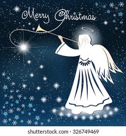 Christmas card. Angel and sparkling stars in the night sky. Vector illustration