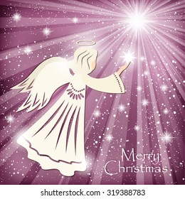 Christmas card with Angel and stars on the night sky. Vector illustration.