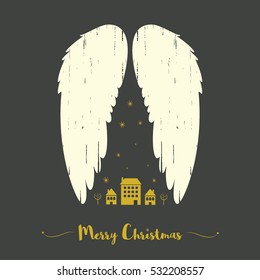 Christmas  card, Angel wings, Gold and white elements on gray background