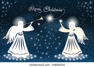 Christmas card with Angels and stars on the night sky. Vector illustration.