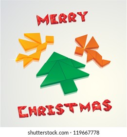 Christmas card - angels and christmas tree created from tangram pieces