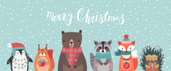 Christmas Card With Animals, Hand Drawn Style. Woodland Characters, Bear, Fox, Raccoon, Hedgehog, Penguin And Squirrel. Vector Illustration.