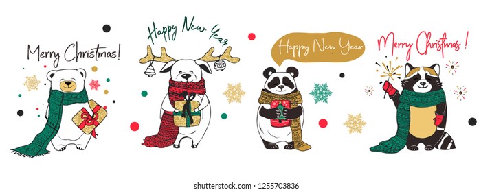 Christmas card with animals, hand drawn style. doodle cartoon set.Hand skech style - calligraphy, animals and other elements. Vector illustration.