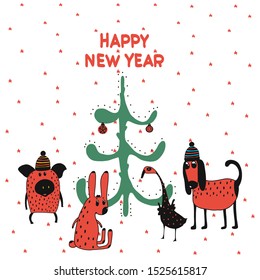 Christmas card with animals, hand drawn style. Woodland characters,pig hare goose dog. Vector illustration.