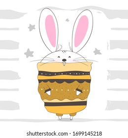 Christmas card with animals. Hand drawn bunny with present and text Holly Jolly.