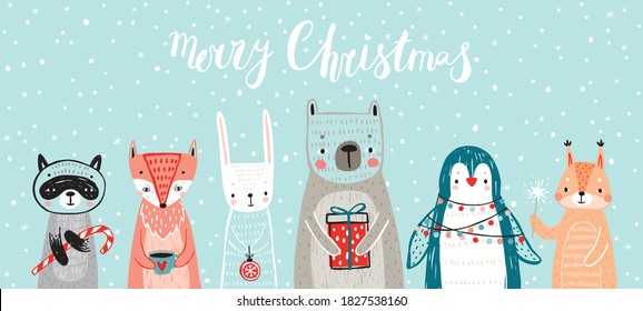 Christmas card with animals, hand drawn style. Woodland characters, bear, fox, raccoon, rabbit, penguin and squirrel. Vector illustration.