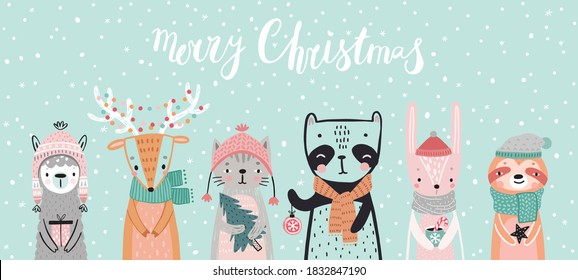 Christmas card with animals, hand drawn style. Woodland characters, panda, rabbit, sloth, deer, llama and cat. Vector illustration.