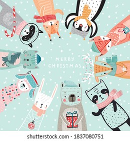 Christmas card with animals, hand drawn style. Woodland characters, bear, fox, raccoon, rabbit, penguin, panda,deer and others. Vector illustration.