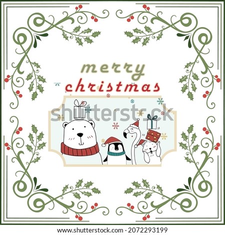 Christmas card with animals, hand drawn style. Woodland characters, bear, fox, raccoon, hedgehog, penguin and squirrel