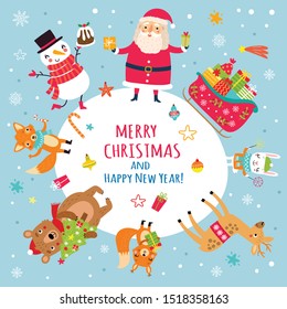 Christmas card with animals and Santa