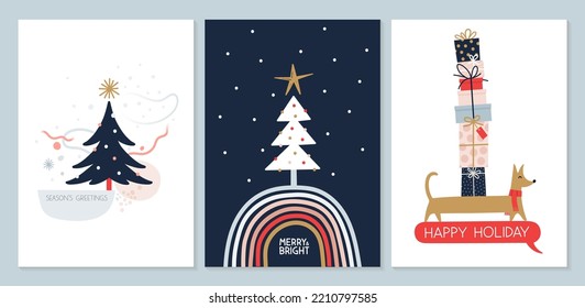 Christmas card with animals and Christmas Tree, hand drawn style. Vector illustration