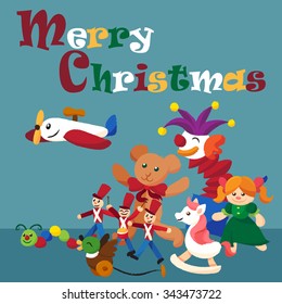 Christmas card with assorted toys marching together.