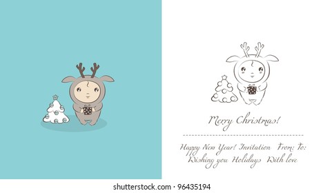 Christmas card baby deer with Christmas (new year) tree and a gift