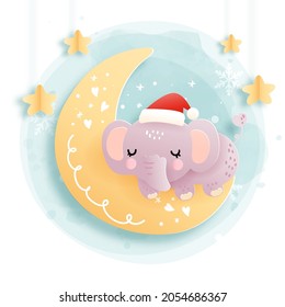 Christmas card with baby elephant sleeping on half moon, woodland Christmas