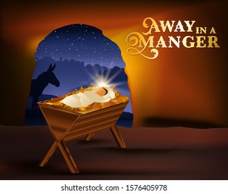 Christmas card of baby jesus in a manger vector illustration