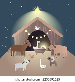 Christmas card. baby Jesus in a manger and animals around Him