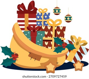 Christmas card backdrop with gift box, bag, and bauble outlines