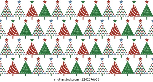 Weihnachtskartenhintergrund mit abstrakter Weihnachtsbaumverzierung, rot und grün. Vektornahtloser Ausdruck, kann für eine Postkarte verwendet werden.