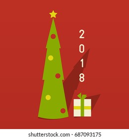 Christmas card, background (backdrop). Happy New Year 2018. Christmas tree and gift box in flat style on a red background