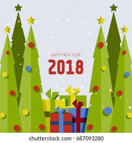 Christmas card, background (backdrop). Happy New Year 2018. Modern flat Christmas trees with colorful balls and presents