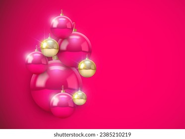 Christmas card or background with baubles composition. Shiny Christmas balls wallpaper with magenta and gold colors for winter holidays. Xmas greeting card with glass balls.