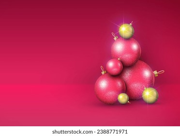 Christmas card or background with baubles composition. Shiny Christmas balls wallpaper with magenta and gold colors for winter holidays. Xmas greeting card with glass balls.