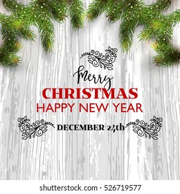Christmas card background with fir tree and holidays decorations. Vector Illustration.