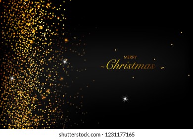 Christmas card. Background with glitter golden frame and space for text. Vector glitter decoration, golden dust. Merry Christmas and Happy New Year.