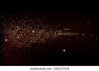 Christmas card. Background with glitter golden frame and space for text. Vector glitter decoration, golden dust. Merry Christmas and Happy New Year.