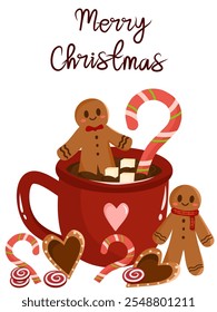 Ilustración de fondo de tarjeta de Navidad con un diseño de galletas de jengibre y una taza de chocolate caliente, así como una escritura de felicitación