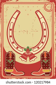 christmas card background with lucky horseshoe and cowboy boots on old paper texture