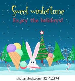 Christmas card background. Rabbit with ice cream candy in the christmas tree night forest