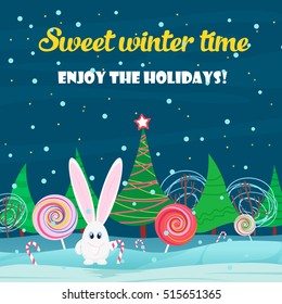 Christmas card background. Rabbit with sweets candy in the christmas tree night forest