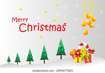 Christmas card background with a row of Christmas trees in a snowy field. The trees are decorated with lights and ornaments, and they are surrounded by gifts and candy canes. The text "Merry Chris