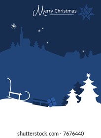 Christmas card background with snowy landscape, little village on a hill, sled and gifts (vector)